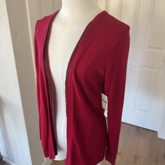 NWT $99 Coldwater Creek Red Silk Beaded Velvet Cardigan Sweater Sz S Holiday - Picture 4 of 9